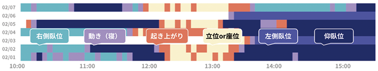 姿勢や起き上がりの傾向を時間帯ごとに色分けした活動傾向の表示