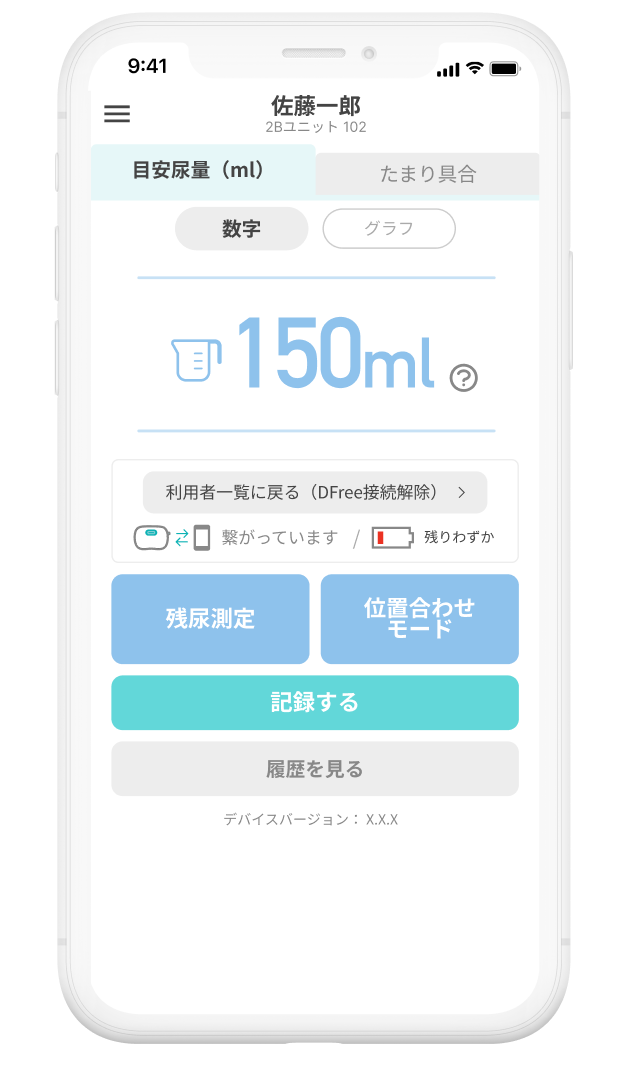 DFree MEDICAL アプリの目安尿量表示画面を表示したスマートフォン